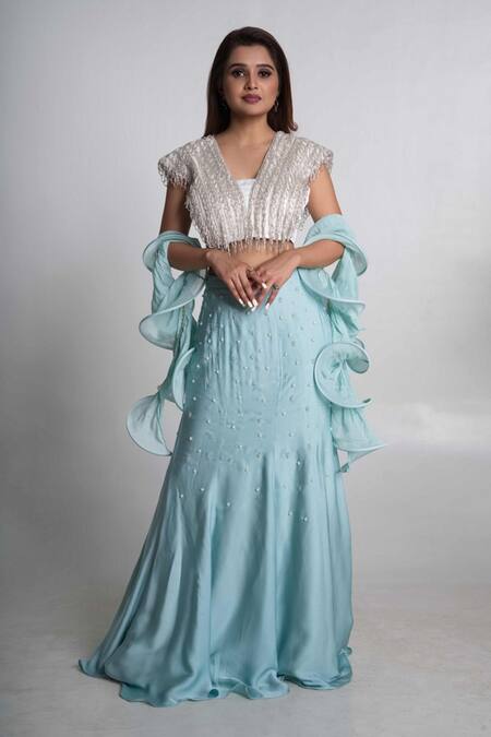 Shop_Merge Design_Blue Modal, Satin, Crepe Pearls, Cut Work, Embroidery Fish-cut Lehenga Set _Online_at_Aza_Fashions