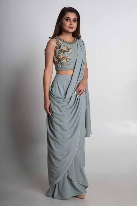 Buy_Merge Design_Blue Georgette, Crepe Sequins Round Neck Pre-draped Saree Set _Online_at_Aza_Fashions