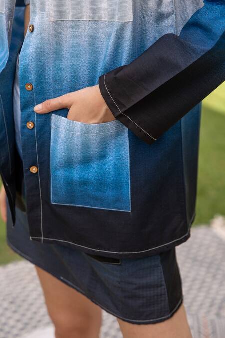 Shop_B'Infinite_Blue Cotton Collared Ombre Effect Shirt Skirt Set_Online_at_Aza_Fashions