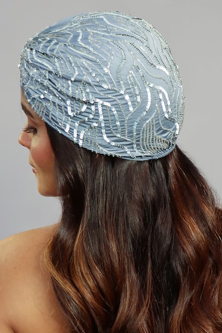 Shop_Hair Drama CO_Grey Sequins And Glass Beads Embellished Turban _at_Aza_Fashions