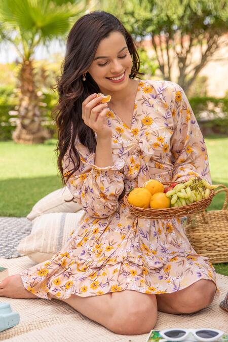 B'Infinite Beige Rayon Print Floral V Neck Springtime Sunflower Dress Online at Aza Fashions B'Infinite_Beige Rayon Print Floral V Neck Springtime Sunflower Dress_Online_at_Aza_Fashions