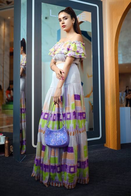 Nirmooha_Multi Color Georgette Ruffles Off-shoulder Geometric Print Top And Skirt Set _Online_at_Aza_Fashions