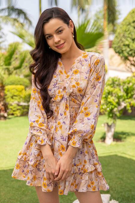 Buy B'Infinite Beige Rayon Print Floral V Neck Springtime Sunflower Dress Online at Aza Fashions Buy_B'Infinite_Beige Rayon Print Floral V Neck Springtime Sunflower Dress_Online_at_Aza_Fashions