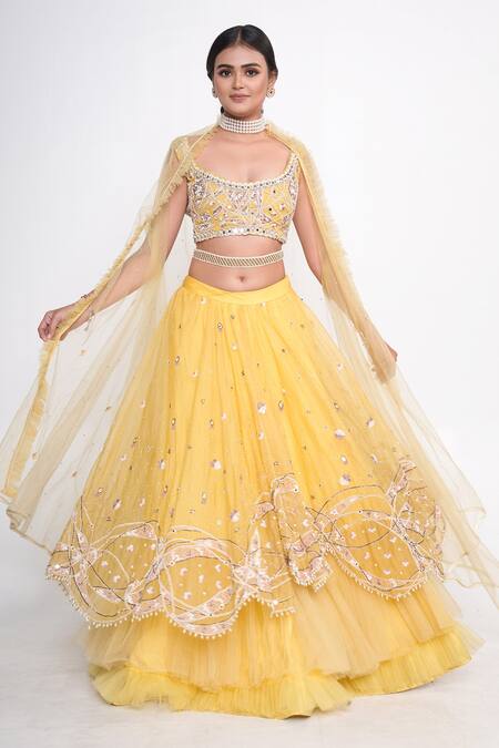 Shop_Merge Design_Yellow Organza, Net, Crepe Embroidery, Sequins Round Neck Layered Lehenga Set _Online_at_Aza_Fashions