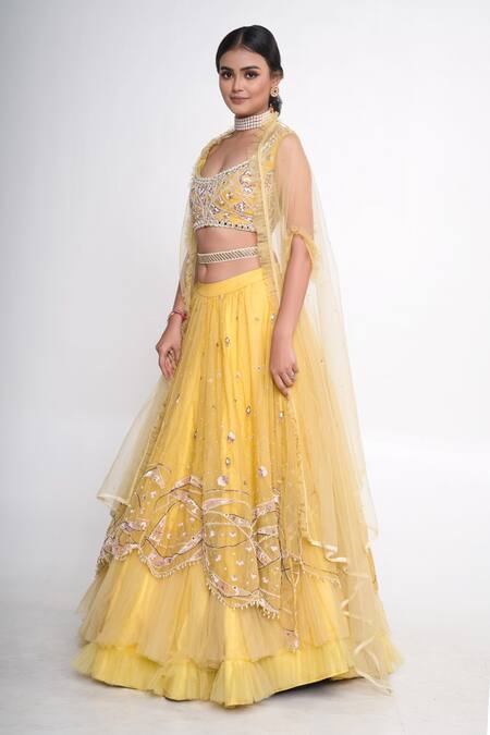 Merge Design_Yellow Organza, Net, Crepe Embroidery, Sequins Round Neck Layered Lehenga Set _at_Aza_Fashions