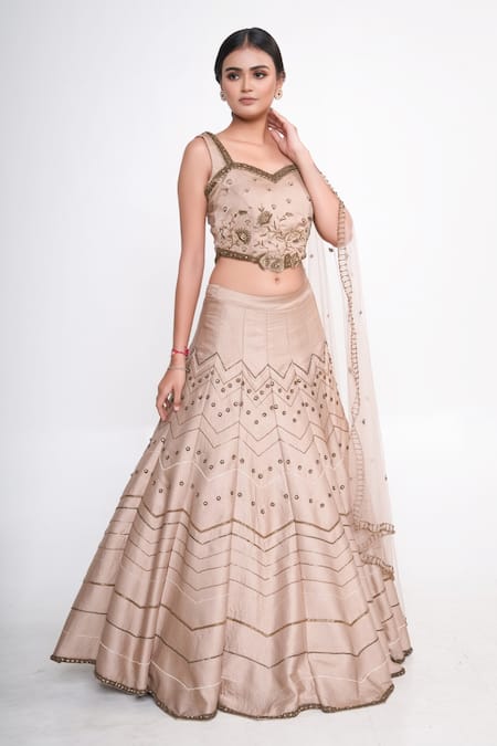 Merge Design_Gold Modal, Crepe, Satin, Net Pearls, Cut Work, Zari Embroidered Lehenga Set _at_Aza_Fashions