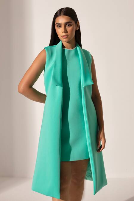 Kritika Madan Label_Blue Neoprene Dress Round Mini With Coat_Online_at_Aza_Fashions