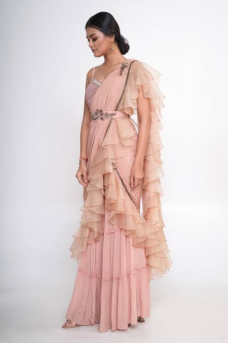 Merge Design_Peach Chiffon, Crepe, Organza Embroidery, Stones Sharara Pant Saree Set _at_Aza_Fashions