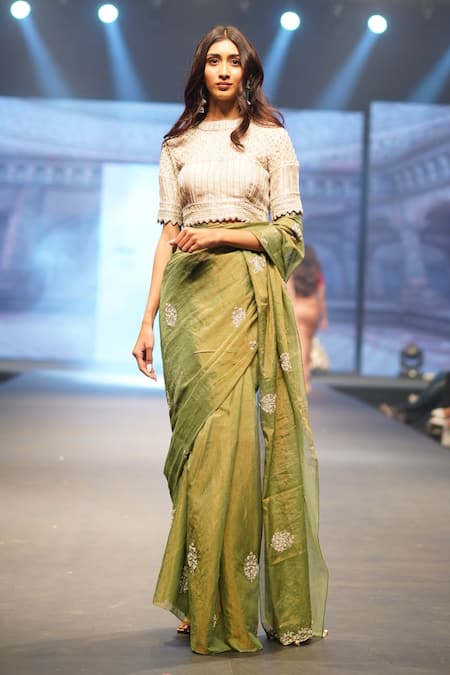 Shop_Shinor_Green Tissue Pearls, Embroidery, Beads Bandeau Neck Saree With Cutwork Blouse _Online_at_Aza_Fashions