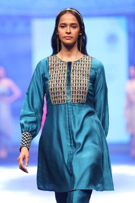 Shop_Shinor_Blue Silk Mirrors, Embroidery, Pearls Round Neck Mirrorwork Yoke Top And Pant Set _Online_at_Aza_Fashions