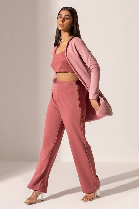 Kritika Madan Label_Pink Suede Open Front Jacket And Pant Set_Online_at_Aza_Fashions