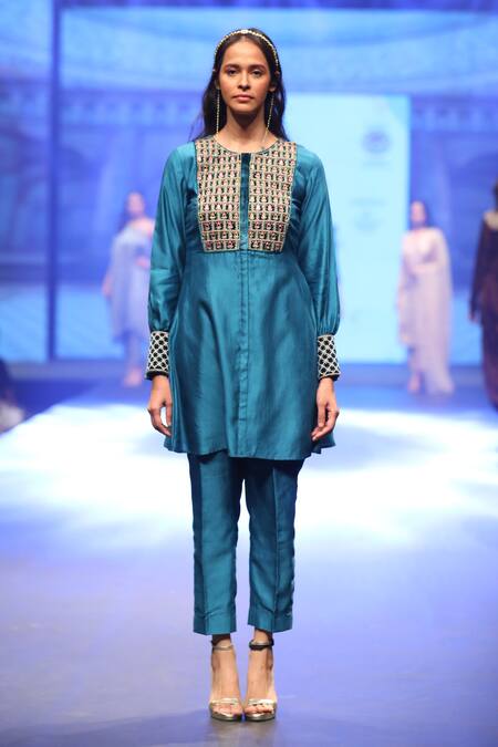 Shinor_Blue Silk Mirrors, Embroidery, Pearls Round Neck Mirrorwork Yoke Top And Pant Set _at_Aza_Fashions