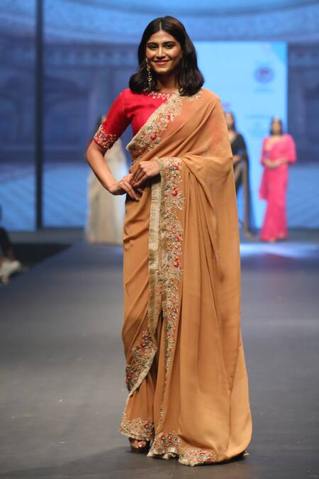 Shop_Shinor_Beige Georgette, Silk Embroidery, Embellished Border Saree With Raw Blouse _Online_at_Aza_Fashions