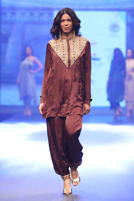 Shop_Shinor_Brown Crepe Embroidery Mandarin Danka Embellished Pleated Top And Harem Pant Set _Online_at_Aza_Fashions