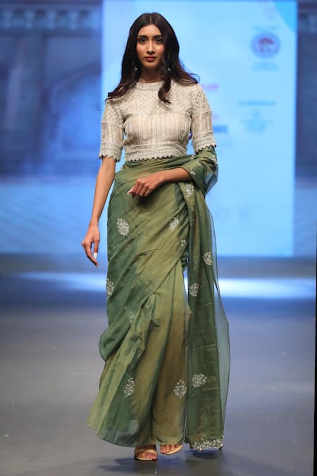 Shinor_Green Tissue Pearls, Embroidery, Beads Bandeau Neck Saree With Cutwork Blouse _at_Aza_Fashions