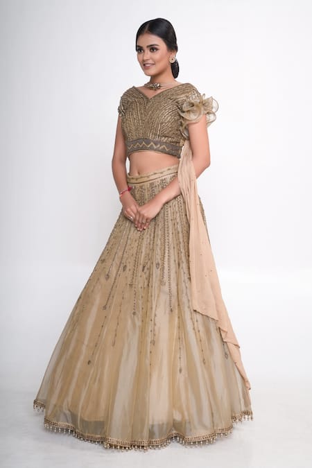 Shop_Merge Design_Gold Organza, Chiffon, Crepe Sequins, Zari, Beads V-neck Embroidered Lehenga Set _Online_at_Aza_Fashions
