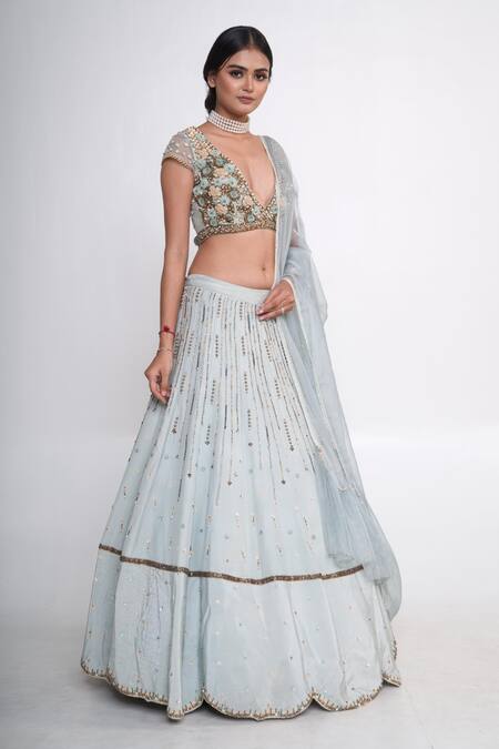 Merge Design_Blue Silk, Organza, Crepe Sequins, Pearls, Embroidery Scalloped Hem Lehenga Set _Online_at_Aza_Fashions