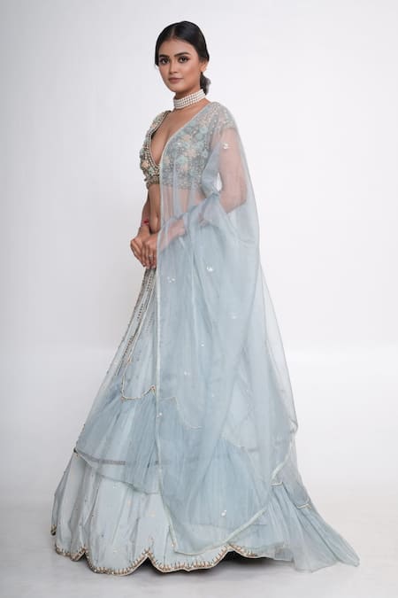 Buy_Merge Design_Blue Silk, Organza, Crepe Sequins, Pearls, Embroidery Scalloped Hem Lehenga Set _Online_at_Aza_Fashions