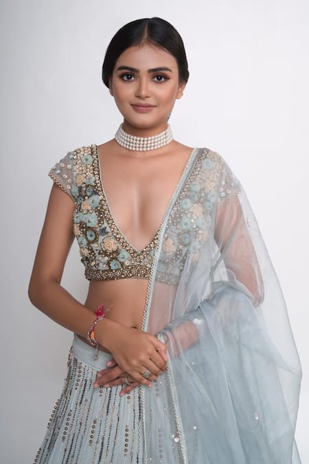 Shop_Merge Design_Blue Silk, Organza, Crepe Sequins, Pearls, Embroidery Scalloped Hem Lehenga Set _Online_at_Aza_Fashions