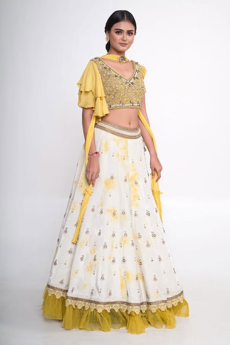 Buy_Merge Design_White Velvet, Chiffon, Crepe Pearls V-neck Lehenga Set _Online_at_Aza_Fashions