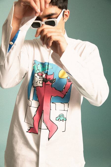 Sahil Aneja_White Cotton Screen Print Walkman Shirt_Online_at_Aza_Fashions