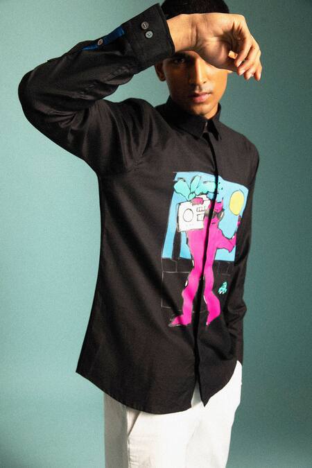 Sahil Aneja_Black Cotton Screen Print Walkman Shirt_Online_at_Aza_Fashions