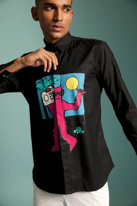 Buy_Sahil Aneja_Black Cotton Screen Print Walkman Shirt_Online_at_Aza_Fashions