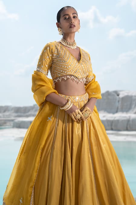 Seeaash Yellow Lehenga And Blouse Shimmer Chanderi & Dupatta Net Gota, Mirror, Pearl Set Online at Aza Fashions Seeaash_Yellow Lehenga And Blouse Shimmer Chanderi & Dupatta Net Gota, Mirror, Pearl Set _Online_at_Aza_Fashions