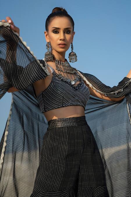 Seeaash_Black Organza Pearl, Cutdana And Crystals, Border Embroidered Cape & Sharara Set_Online_at_Aza_Fashions