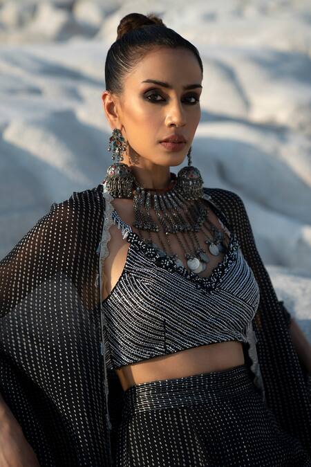 Buy_Seeaash_Black Organza Pearl, Cutdana And Crystals, Border Embroidered Cape & Sharara Set_Online_at_Aza_Fashions