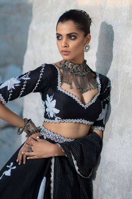 Shop_Seeaash_Black Chanderi And Organza & Embroidery Floral Sweetheart Lehenga Set_Online_at_Aza_Fashions