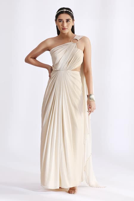 Neha Gursahani_Ivory Shimmer Georgette Asymmetric Ring Detailing Pre Draped Saree Gown _Online_at_Aza_Fashions