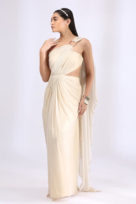 Buy_Neha Gursahani_Ivory Shimmer Georgette Asymmetric Ring Detailing Pre Draped Saree Gown _Online_at_Aza_Fashions