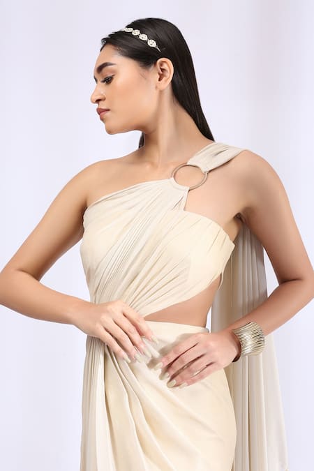 Shop_Neha Gursahani_Ivory Shimmer Georgette Asymmetric Ring Detailing Pre Draped Saree Gown _Online_at_Aza_Fashions