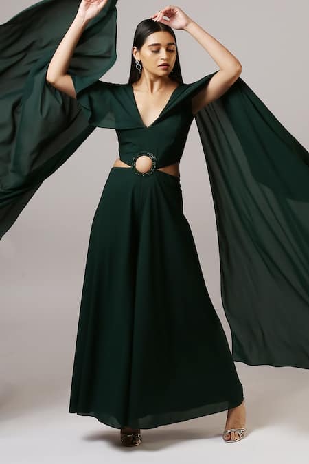 Neha Gursahani_Green Double Georgette V Neck Cape Sleeved Jumpsuit _Online_at_Aza_Fashions