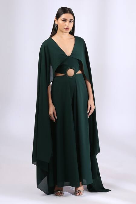 Buy_Neha Gursahani_Green Double Georgette V Neck Cape Sleeved Jumpsuit _Online_at_Aza_Fashions