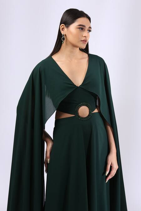 Shop_Neha Gursahani_Green Double Georgette V Neck Cape Sleeved Jumpsuit _Online_at_Aza_Fashions