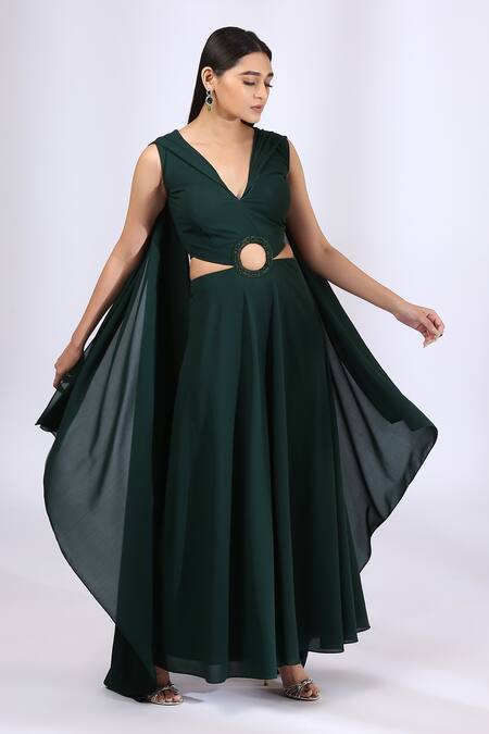 Neha Gursahani_Green Double Georgette V Neck Cape Sleeved Jumpsuit _at_Aza_Fashions