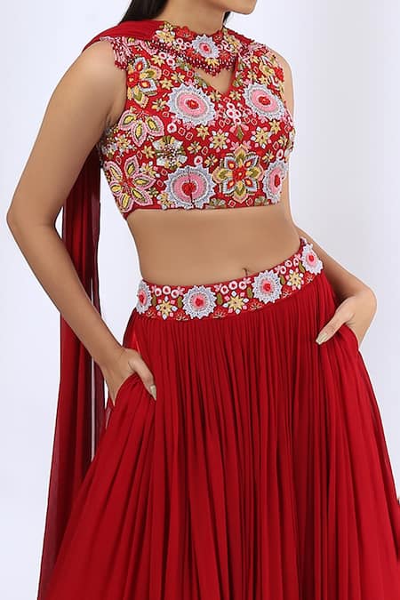 Neha Gursahani Red Cotton, Georgette, Lining Satin Floral Embroidered Blouse With Lehenga Set Online at Aza Fashions Neha Gursahani_Red Cotton, Georgette, Lining Satin Floral Embroidered Blouse With Lehenga Set _Online_at_Aza_Fashions