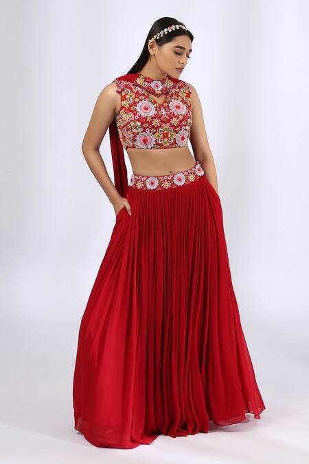 Buy_Neha Gursahani_Red Cotton, Georgette, Lining Satin Floral Embroidered Blouse With Lehenga Set _Online_at_Aza_Fashions