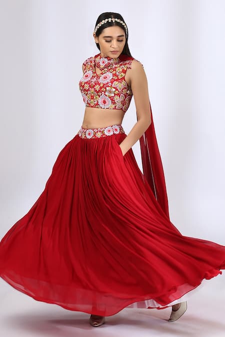 Shop_Neha Gursahani_Red Cotton, Georgette, Lining Satin Floral Embroidered Blouse With Lehenga Set _Online_at_Aza_Fashions
