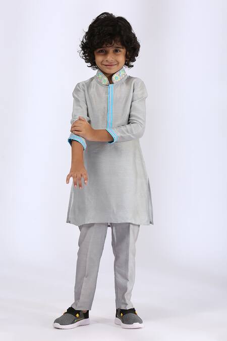 Shop_Neha Gursahani_Grey Satin, Silk Embroidery Collar Kurta And Pant Set _Online_at_Aza_Fashions