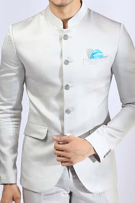 Neha Gursahani_Grey Satin Linen Button Down Bandhgala Set _Online_at_Aza_Fashions