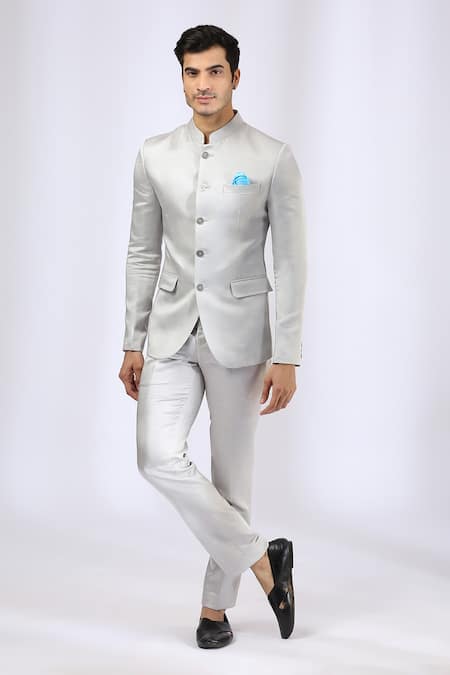 Buy_Neha Gursahani_Grey Satin Linen Button Down Bandhgala Set _Online_at_Aza_Fashions