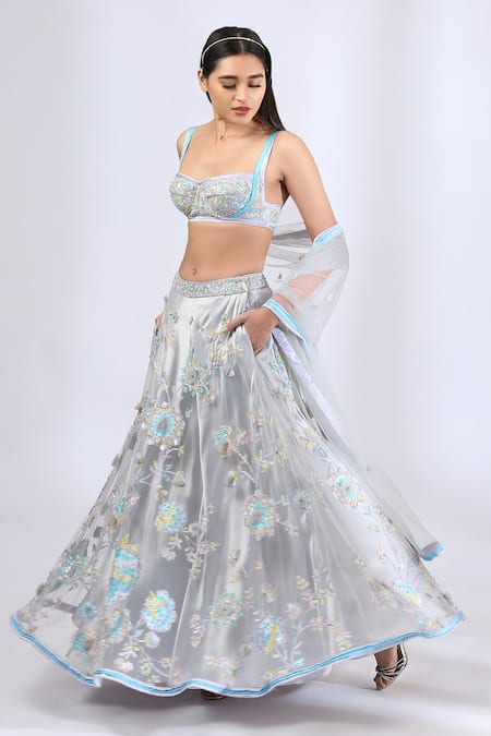 Neha Gursahani_Grey Cotton, Tulle, Lining Satin Thread, 3d Fairytale Embroidered Lehenga Set _Online_at_Aza_Fashions