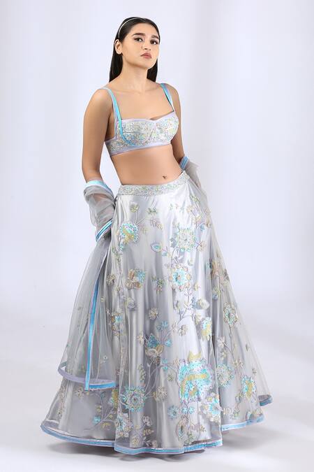 Shop_Neha Gursahani_Grey Cotton, Tulle, Lining Satin Thread, 3d Fairytale Embroidered Lehenga Set _Online_at_Aza_Fashions