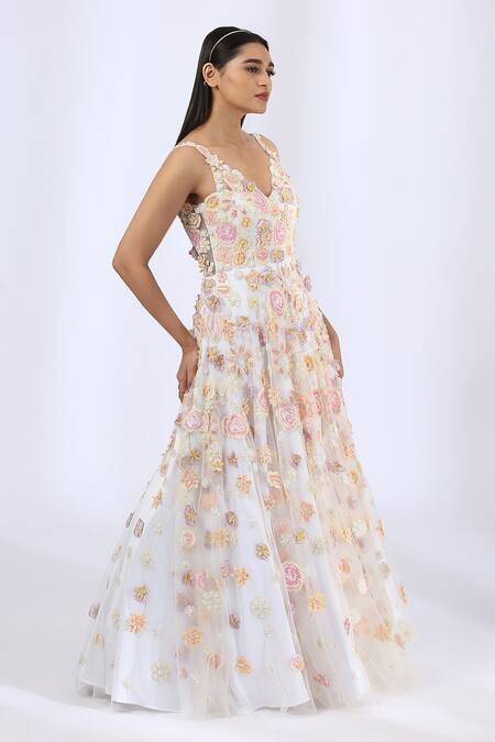 Neha Gursahani_Ivory Tulle 3d Floral Plunge V Embroidered Gown _Online_at_Aza_Fashions