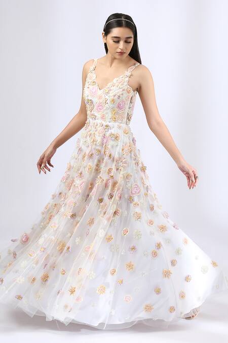 Buy Ivory Tulle Embroidery 3d Floral Plunge V Gown For Women by