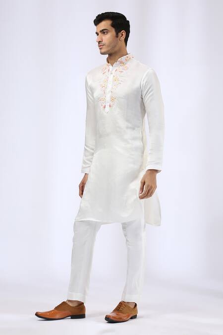 Neha Gursahani_Ivory Satin Linen Bugle Beads Embroidered Neckline Kurta Set _Online_at_Aza_Fashions