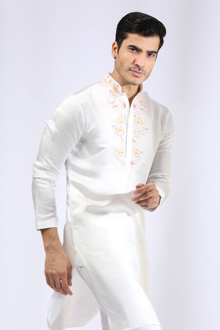 Shop_Neha Gursahani_Ivory Satin Linen Bugle Beads Embroidered Neckline Kurta Set _Online_at_Aza_Fashions